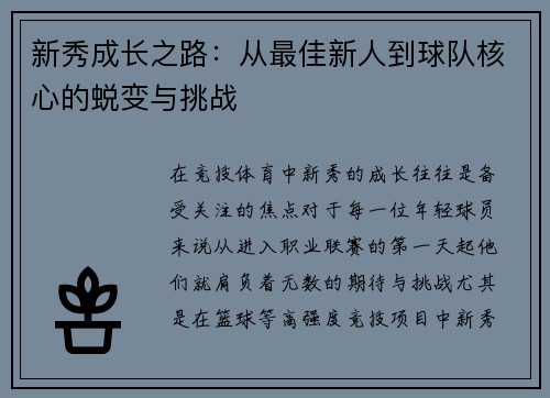 新秀成长之路：从最佳新人到球队核心的蜕变与挑战